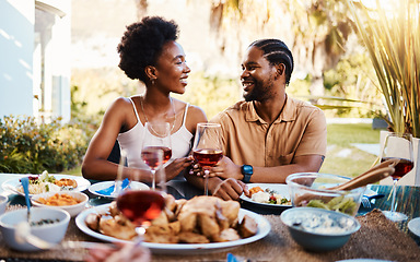 Image showing Love, outdoor and black couple with lunch, smile and marriage with celebration, relationship and bonding. Romance, African man or happy woman with meal, food and relax with happiness, chat and eating