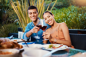 Image showing Portrait, happy couple and toast with wine glass at restaurant, bonding and having fun. Face, alcohol and man and woman cheers at dinner party, celebration date and drink together at outdoor table