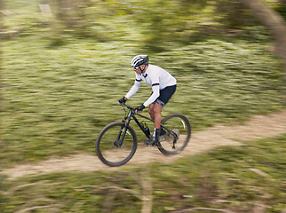 Image showing Fitness, sports and man cycling in forest for speed, training or nature workout with top view off road race. Freedom, workout and cyclist on mountain bike for extreme, adrenaline or power performance