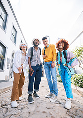 Image showing Happiness, friends in city and people in portrait, gen z and fashion, memory with laughter and travel. Students smile, low angle and urban streetwear style, funny and friendship with trendy clothes