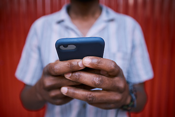 Image showing Person hands, smartphone and closeup, communication and social media, typing and online chat with technology. Using phone, mobile app and text message with internet connectivity, network and contact