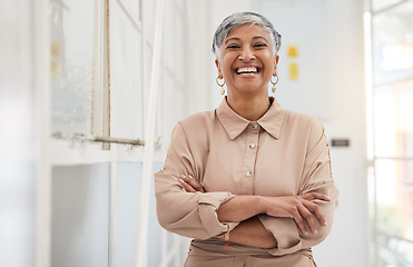 Image showing Smile, arms crossed and portrait of business woman in office for entrepreneur, professional or manager. Designer, pride and happy with person in creative agency for future, opportunity or empowerment