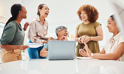 Image showing Meeting, laptop and business women in discussion in the office excited for company website launch. Happy, collaboration and professional female designers in conversation with computer in workplace.