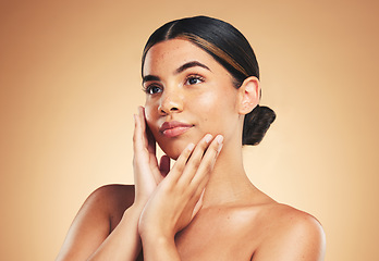 Image showing Thinking, skincare and woman with natural beauty, dermatology and wellness on brown studio background. Person, idea and model with luxury, treatment and healthy skin with makeup, hygiene or aesthetic