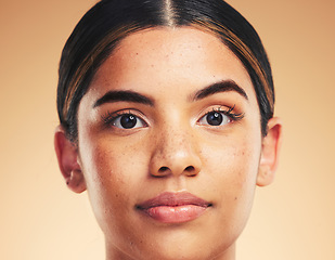 Image showing Portrait, skincare or woman with beauty, dermatology and salon treatment on brown studio background. Person, face and model with self care, cosmetics or healthy skin with makeup, hygiene or wellness