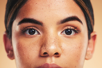 Image showing Woman, skin and closeup in studio portrait with beauty, cosmetics and natural glow on face by background. Girl, model and facial zoom with change, melasma and skincare for health, shine and clean