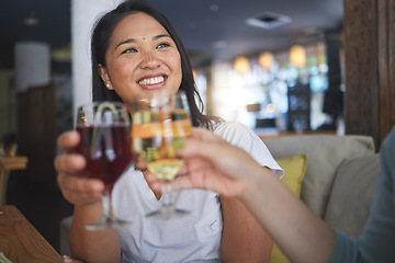 Image showing Japanese woman, restaurant and toast with wine, smile and congratulations with fine dining, party and thinking. Asian friends, happy and success with culture, alcohol or relax in diner, bar and drink
