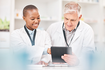 Image showing Man, woman and tablet in pharmacy for checklist, online schedule or stock report for medicine. Help, mentor and pharmacist team at counter with digital inventory list, internet search or medical info