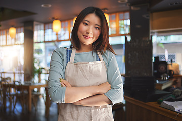 Image showing Portrait, asian woman and small business entrepreneur of restaurant with arms crossed for professional service. Cafeteria server, coffee shop waitress or confident manager working in hospitality