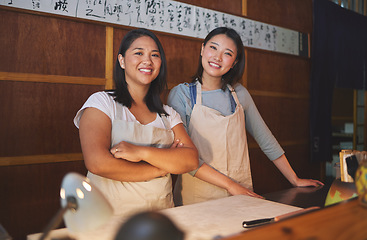 Image showing Restaurant business owner, team or portrait of Asian women with smile, confidence or pride together. Collaboration, partnership or happy woman manager with leadership, waiter or server in sushi shop