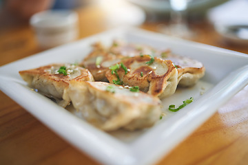 Image showing Closeup, plate and dumplings for lunch at a restaurant, Chinese food or Asian cuisine. Zoom, protein and dinner on a table at a cafe for fine dining, eating or an appetizer or enjoying a meal