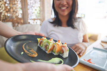 Image showing Sushi plate, restaurant and hands of person, server or waiter with food choice, order or lunch for diner service. Hospitality industry, Japanese cuisine and cafeteria worker with meal for customer