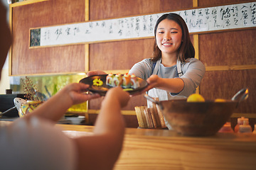 Image showing Waiter, giving sushi plate and restaurant with hands, helping and catering job with customer. Seafood chef, fast food server and cooking in cafe, diner and person for order of fish, rice or seaweed