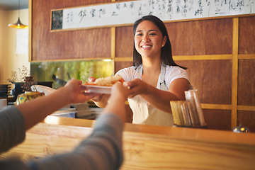 Image showing Sushi, restaurant worker hand and woman smile from food and Asian meal with server. Happy, female waiter or chef working with fish and rice for lunch order with cooking in Japanese bar for service