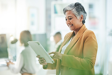 Image showing Tablet, senior woman and reading in a office with web management and and business success. Mature boss, smile and leadership with technology in a startup workplace ready for networking on web app