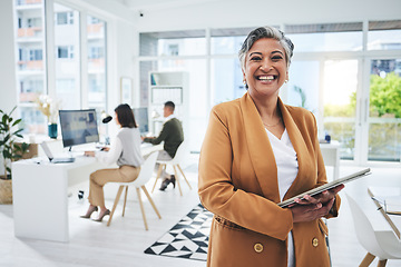 Image showing Tablet, senior woman and portrait in a office with web management and and business success. Mature boss, smile and leadership with technology in a startup workplace ready for networking on web app