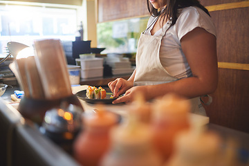 Image showing Cooking, sushi and chef with hands of person in restaurant for seafood, Japanese cuisine and nutrition. Fish, lunch and health with closeup of woman in kitchen of store for menu, takeaway and diet