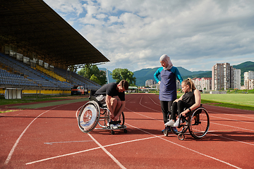 Image showing A woman with a disability in a wheelchair talking after training with a woman wearing a hijab and a man in a wheelchair