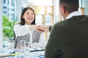 Image showing Interview, business people and human resources, shaking hands and recruitment, onboarding and conversation. Communication, hiring and meeting with feedback, promotion and handshake with trust