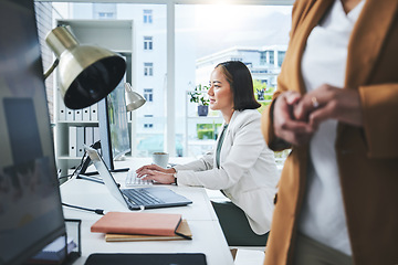 Image showing Copywriting, computer or businesswoman in office typing or working on email or research project online. Social media, digital or female editor editing reports for schedule update on internet or blog