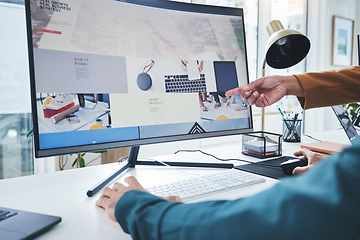 Image showing Hands, teamwork and computer for training, coaching or pointing to website design feedback online. Screen closeup, employees learning or mentor on desktop for SEO solution, research advice or support