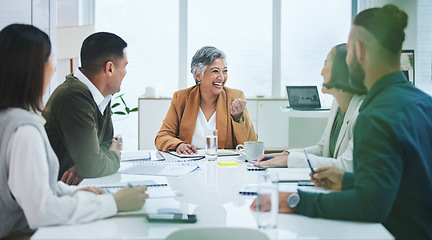 Image showing Happy, talking and business people in a meeting for a discussion, project or planning together. Smile, office and a manager speaking to employees about professional work and discussion in a workshop