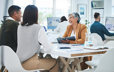 Image showing Meeting, discussion and happy business people in office for brainstorming, ideas and collaboration. Creative agency, teamwork and workers talking to manager working on project, proposal and strategy