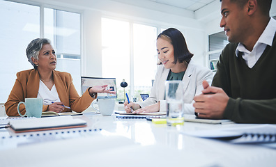 Image showing Meeting, discussion and business people in office for brainstorming, ideas and collaboration. Creative agency, teamwork and workers talking, chat and planning working on project, proposal and report