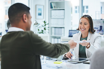 Image showing Teamwork, meeting and documents with a business asian woman in the office for planning or strategy. Teamwork, smile and portfolio with a team in the boardroom for contract agreement or discussion