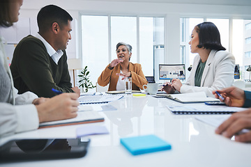 Image showing CEO, woman speaking or business people in meeting planning in discussion with mission together. Collaboration, leadership or mature mentor talking about project ideas in agency to team of employees