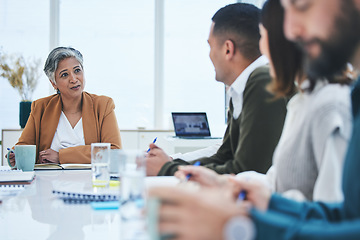 Image showing CEO, mature woman or business people in meeting planning in discussion with vision or mission together. Collaboration, leadership or mentor talking about project ideas in agency to team of employees