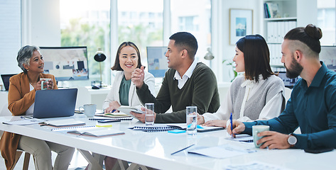 Image showing CEO, teamwork or group of business people in meeting planning in discussion for vision or mission. Collaboration, leadership or mentor talking or listening to project ideas with team of employees