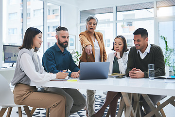 Image showing Laptop, woman or business people for teamwork, problem solving in discussion of solution or mission. Computer, leadership or mature mentor talking or pointing to project ideas or advice for employees