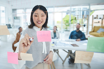 Image showing Woman, glass board and planning, writing and sticky note with team leader, workshop business ideas and agenda. Brainstorming, objective and project management, Asian employee and notes with moodboard