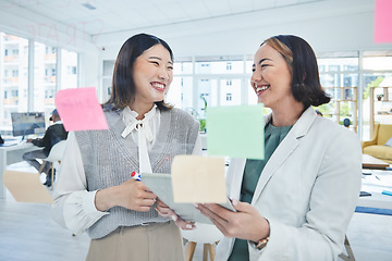 Image showing Business women, teamwork and planning on glass board for marketing timeline, calendar and happy ideas in office. Professional manager and people with workflow, sticky notes and scrum or agile goals