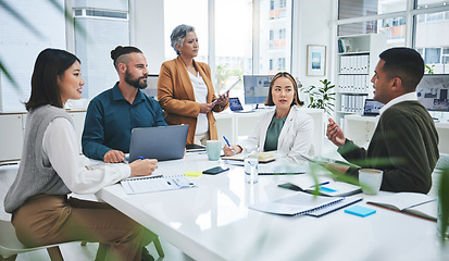 Image showing Business people, manager presentation and planning, teamwork or discussion for project proposal or marketing. Professional boss and group of men and women talking, questions and design collaboration