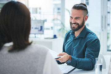 Image showing Teamwork, meeting and documents with a business man in the office for planning or strategy. Collaboration, smile and portfolio with a team in the boardroom for contract agreement or discussion