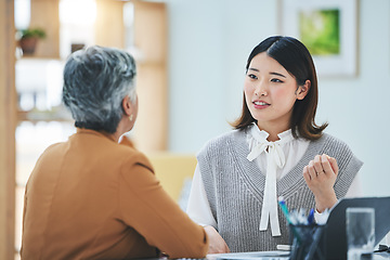 Image showing Meeting, discussion and business women in office for brainstorming, ideas and collaboration. Corporate feedback, teamwork and worker talking to manager working on project, proposal and strategy