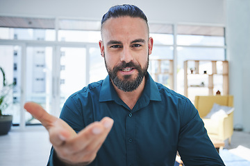 Image showing Video call, discussion and portrait of business man in office for online conference, webinar and meeting. Communication, professional and worker at desk for conversation, virtual seminar or interview