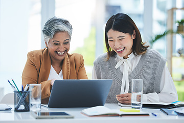 Image showing Business women, manager and laptop for funny training, teamwork or internship collaboration in marketing meeting. Professional mentor and worker on computer for website meme, planning and teamwork