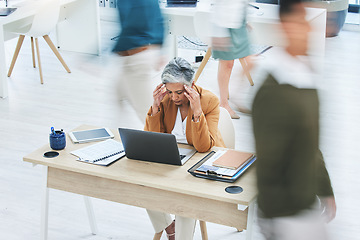 Image showing Busy office, stress and senior woman with headache, crisis or vertigo while working on a laptop. Corporate, chaos and lady ceo with temple massage for migraine, brain fog or 404, glitch or anxiety