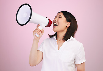 Image showing Megaphone announcement, portrait and woman shout sales discount, promotion deal or broadcast news information. Excited speech, studio and speaker noise, communication and voice on pink background