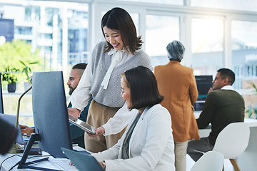 Image showing Business women, teamwork and computer, tablet or technology for multimedia marketing and collaboration. Professional people or designer with digital proposal, planning and feedback or office support