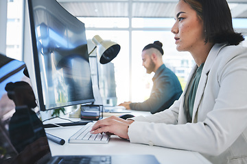 Image showing Computer, business and employees working in a company or startup agency typing email document or research on internet. Website, web and corporate people in an office doing online communication