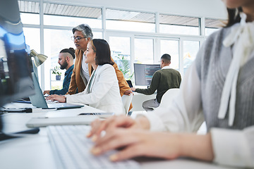 Image showing Programming, training and mentor with business people in office for cyber security, coding and developer. Software, technology and teamwork with employees and computer for data, research and coaching