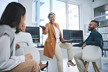 Image showing Training, mentor and programmer with business people in office for coding, developer or information technology. Meeting, code review and feedback with employees in digital agency for it cybersecurity