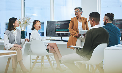 Image showing Meeting, mentor and programmer with business people in office for coding, developer or information technology. Teamwork, code review and feedback with employees in digital agency for it cybersecurity