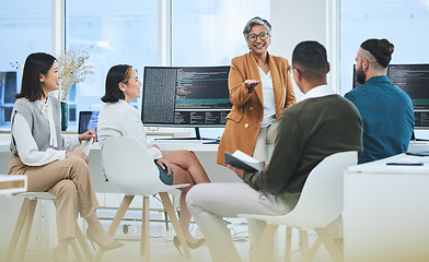 Image showing Business people, manager and employee with feedback, programming and conversation with trading, coaching and mentor. Teamwork, supervisor or staff with pc, coding or programmer with support or advice