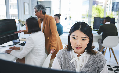 Image showing Programming, software and computer with business woman in office for coding, developer and information technology. Database, website and research with Asian person in it startup for digital and code