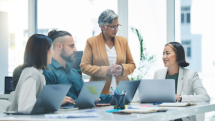 Image showing Business people, laptop and meeting, productivity and marketing strategy, creative group at digital agency and team. Man, women and diversity, working together and senior leader with branding ideas